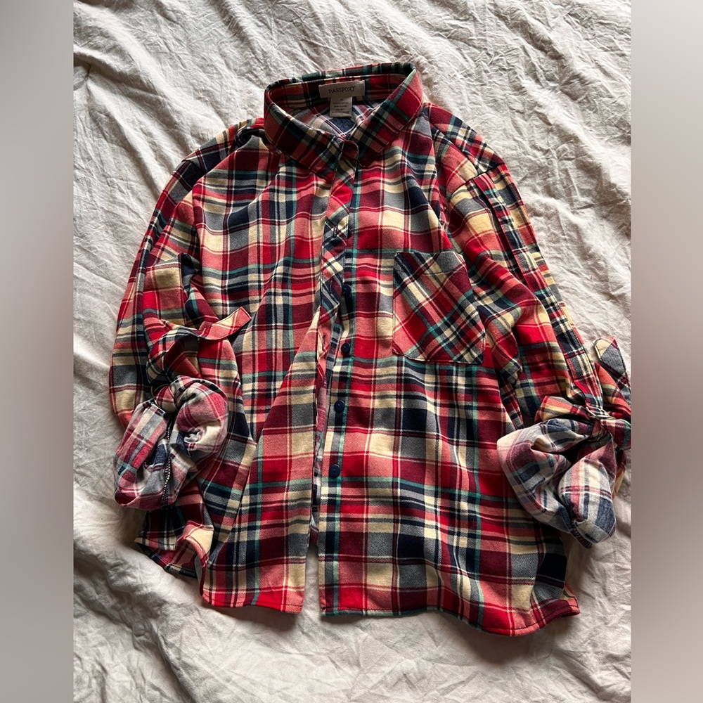 Red white , navy blue flannel with cuffed up sleeves